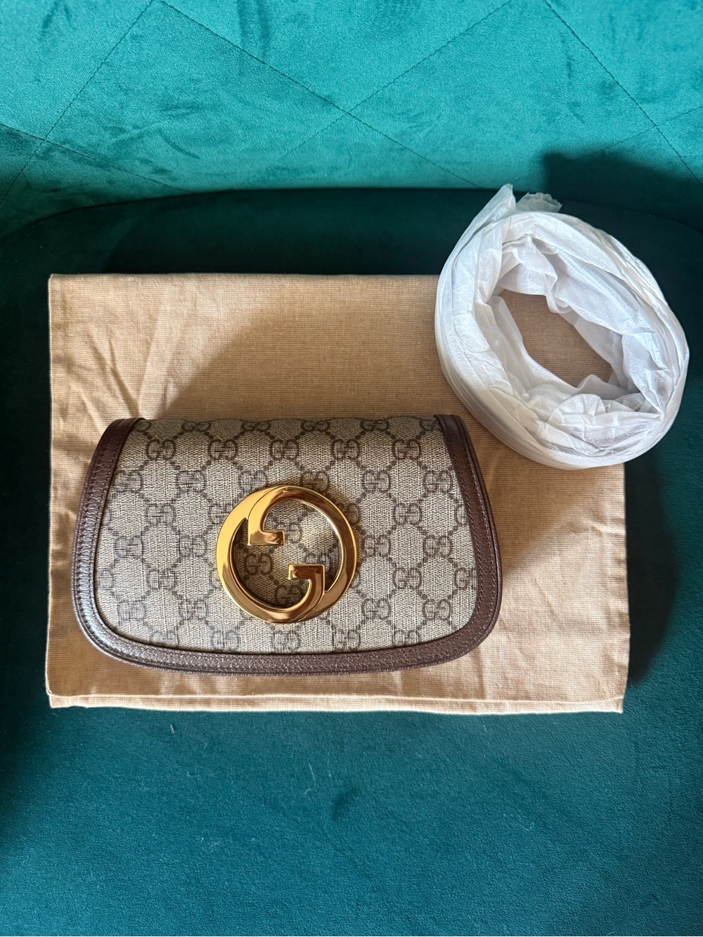 Gucci Beige GG Canvas Mini Shoulder Bag with Brown Trim and Gold Hardware